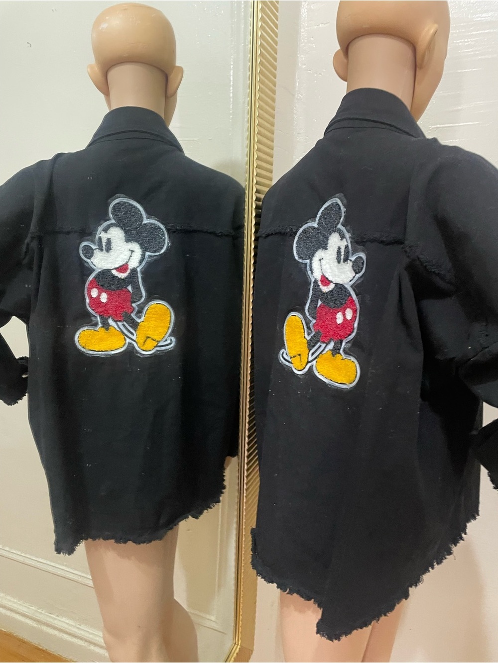 Belle France Black Distressed Button-Front Jean Jacket with Patch
